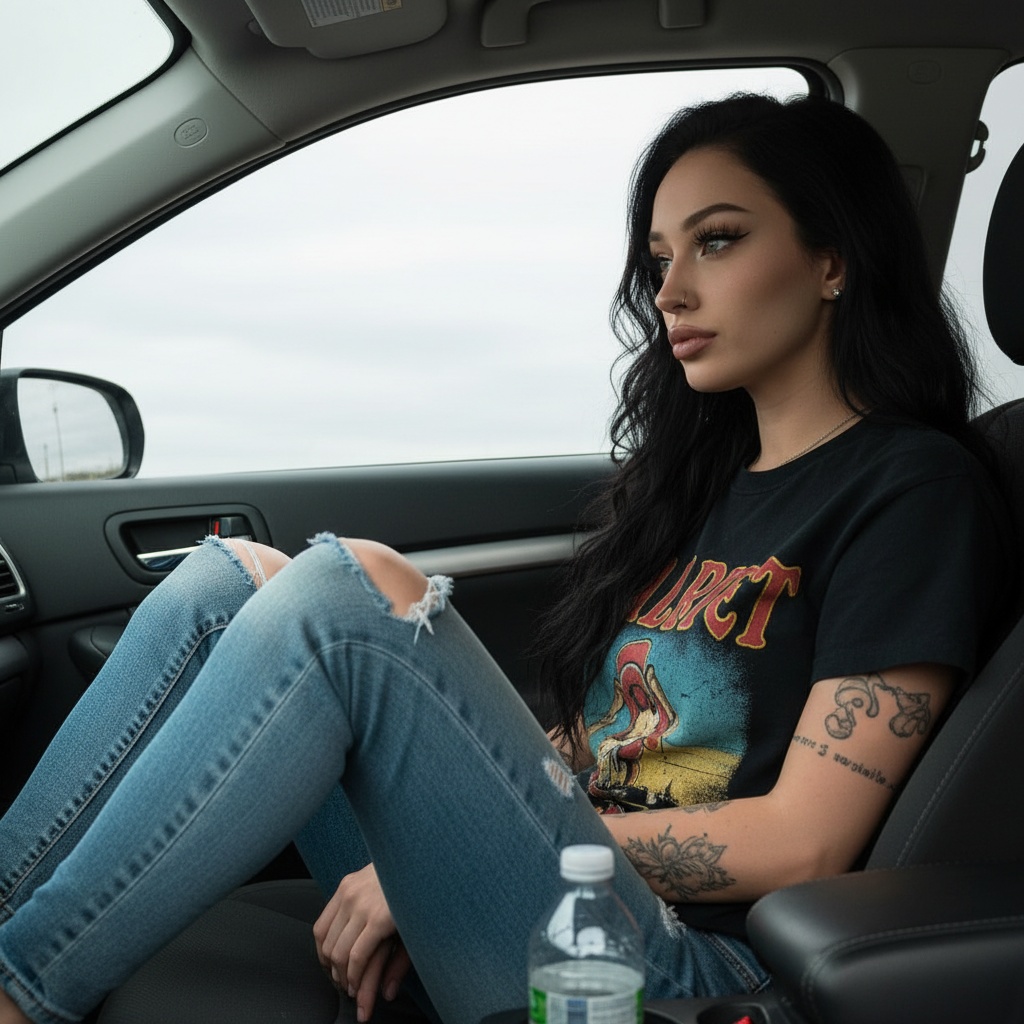 Realistic Car Interior Blonde Woman Contemplative