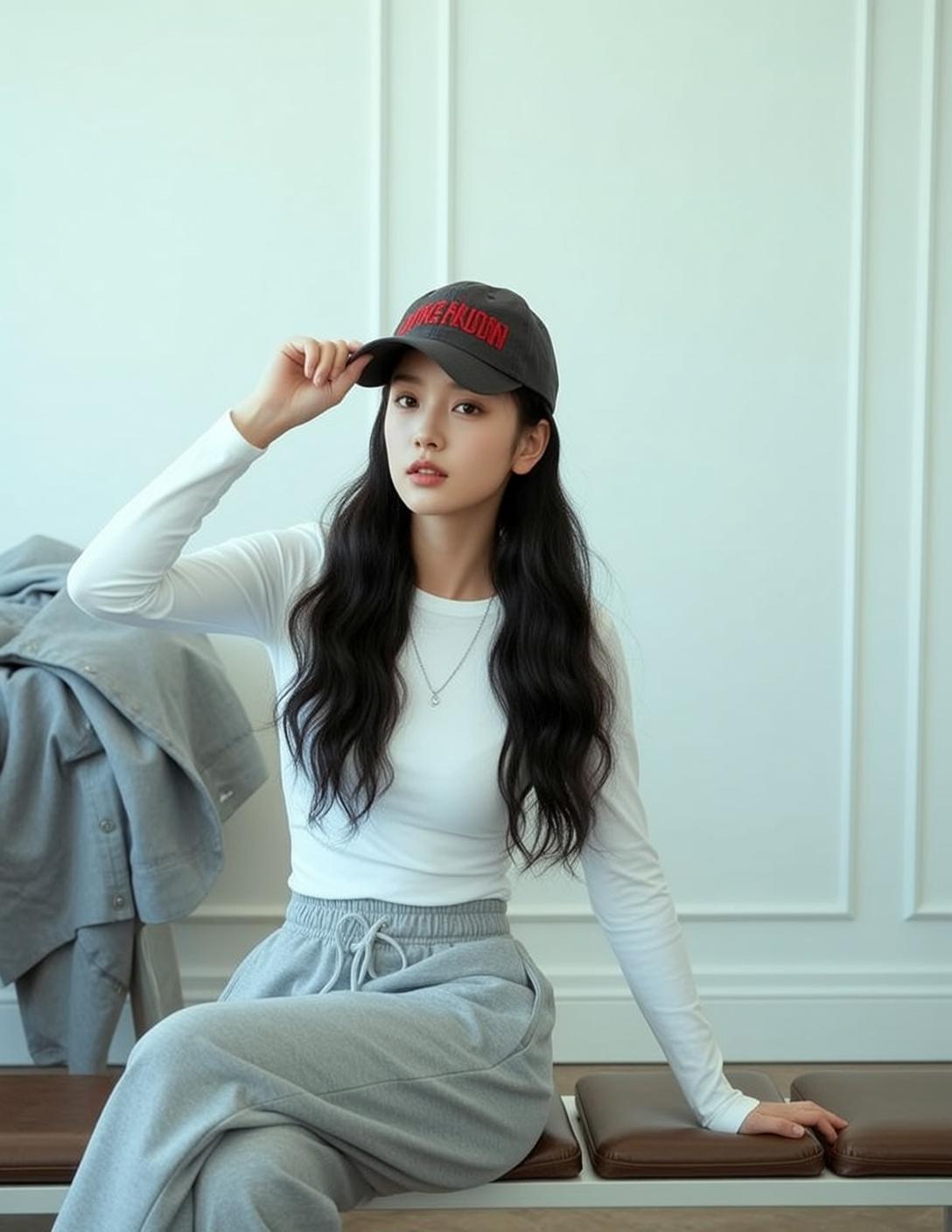 Cap Sweatpants Bedroom Pose