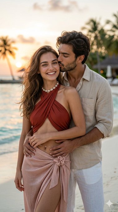 A romantic couple sharing a kiss at a tropical beach during golden hour, with palm trees in the background and warm sunset glow.