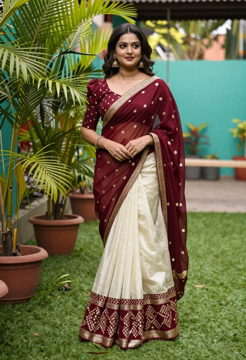 Woman Stands Lush Garden Wearing Elegant Maroon And Cream Saree reference photo