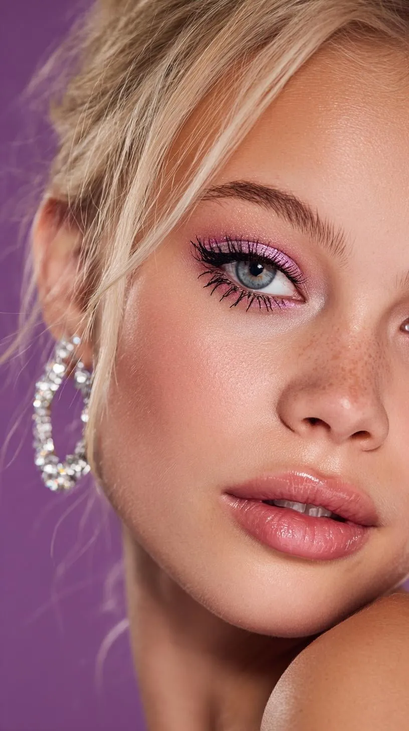 Close Up Face Metallic Pink Eyeshadow Crystal Hoop Earrings