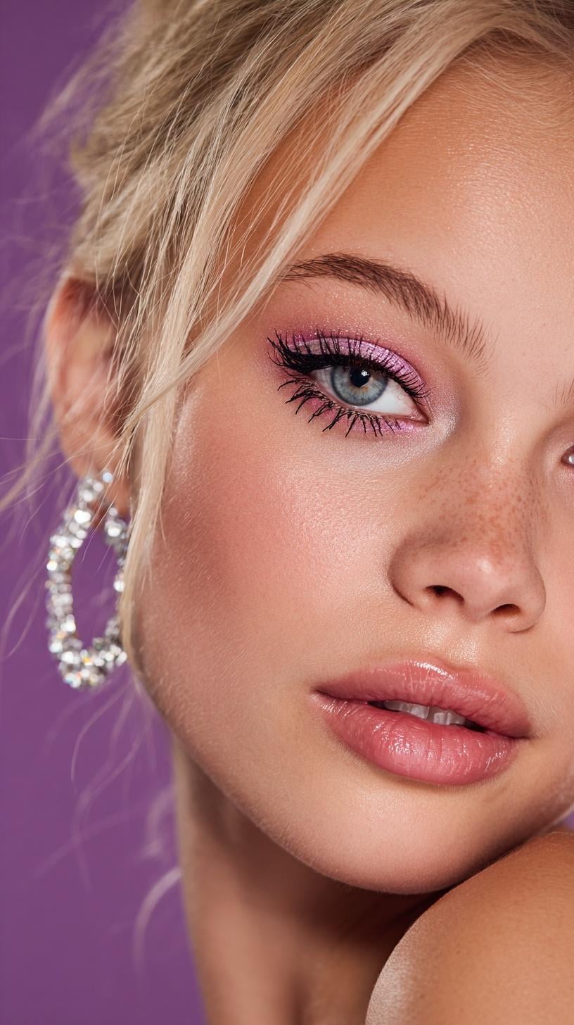 Close Up Face Metallic Pink Eyeshadow Crystal Hoop Earrings