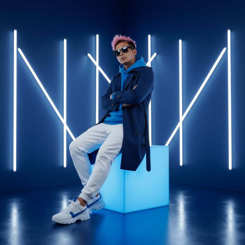 A stylish young man in a blue hoodie and navy trench coat, confidently sitting on a blue cube amidst glowing white neon light tubes in a monochromatic blue environment.