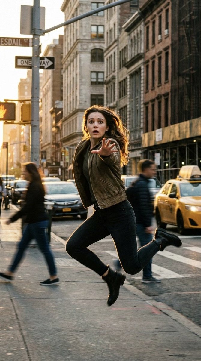 A person jumping mid-air in a New York City street, wearing an olive green bomber jacket and black skinny jeans, surrounded by yellow taxis and brownstone buildings.