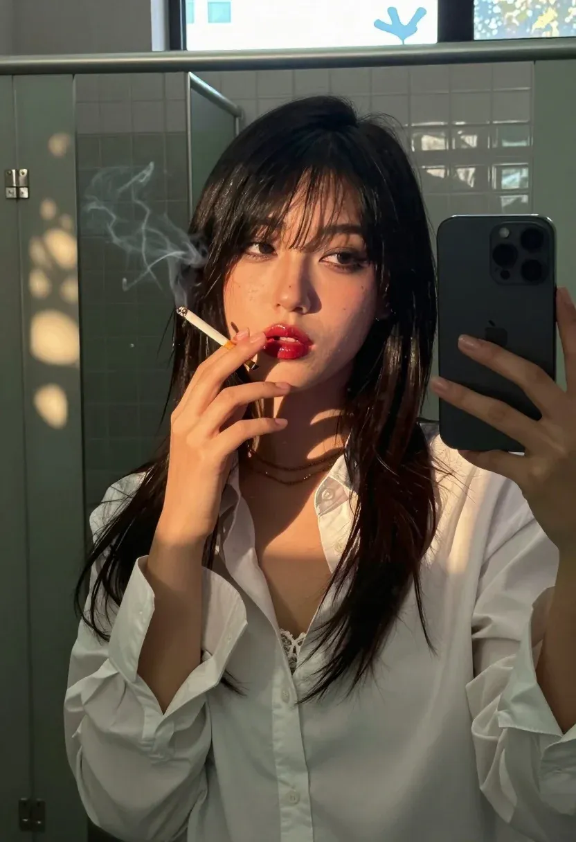 Young Woman With Long Dark Hair Sits Public Restroom Stall