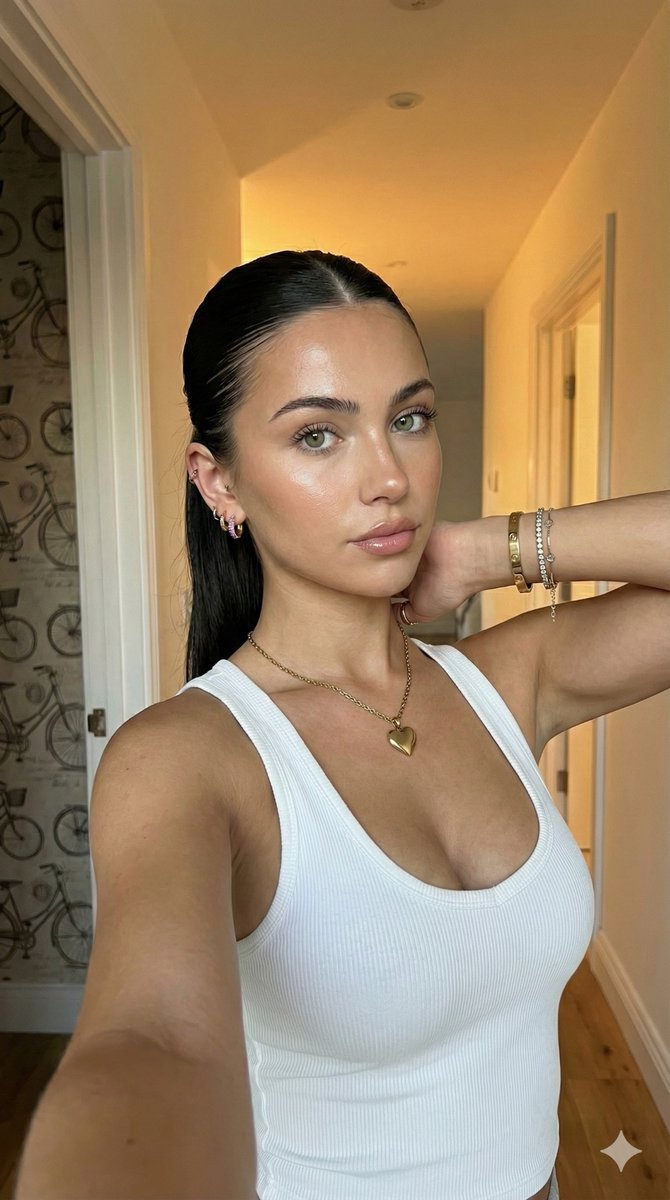 A young woman taking a selfie with light glowing on her face, styled hair, and elegant accessories in a cozy indoor setting.