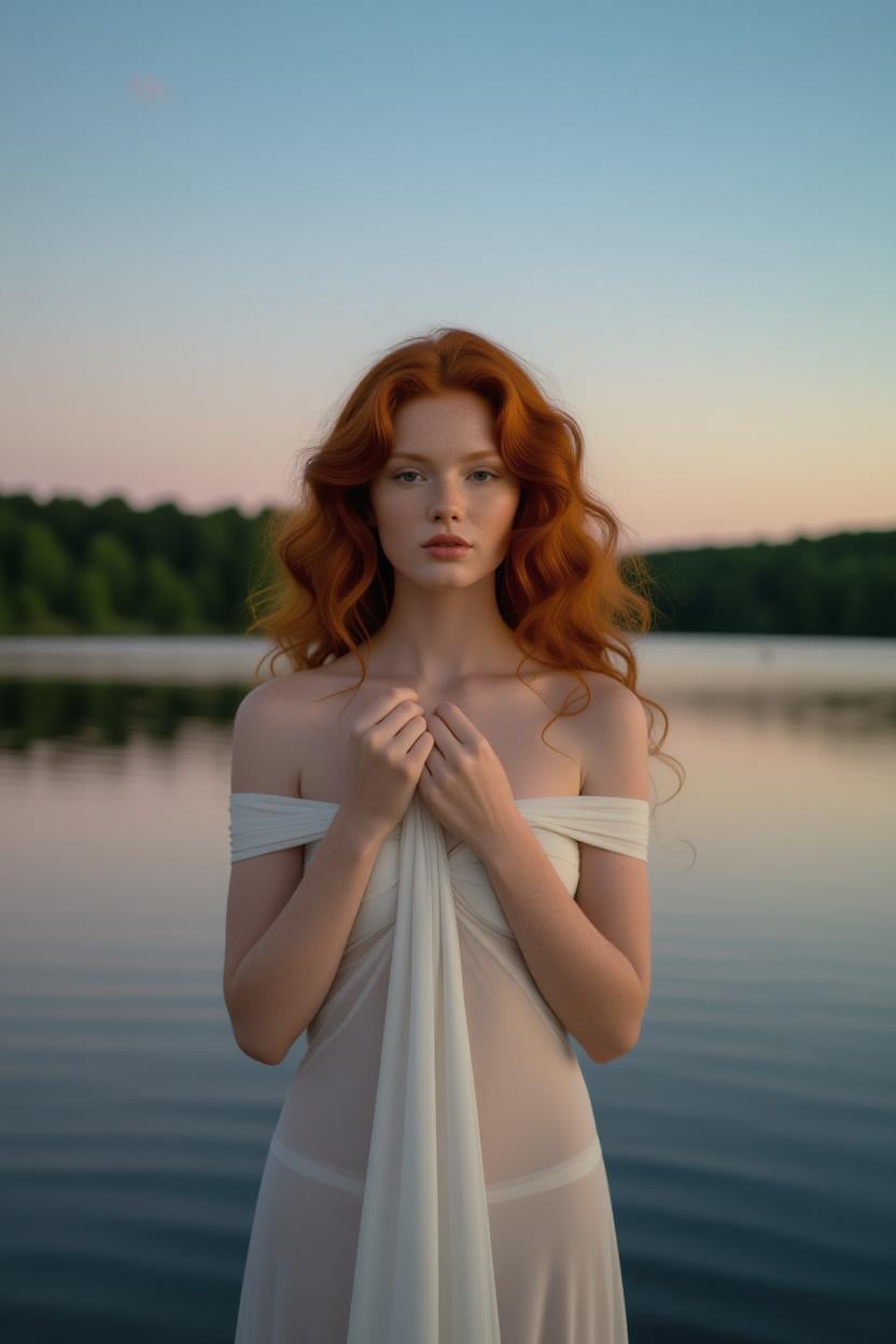 Wavy Hair White Gown Lake Dusk