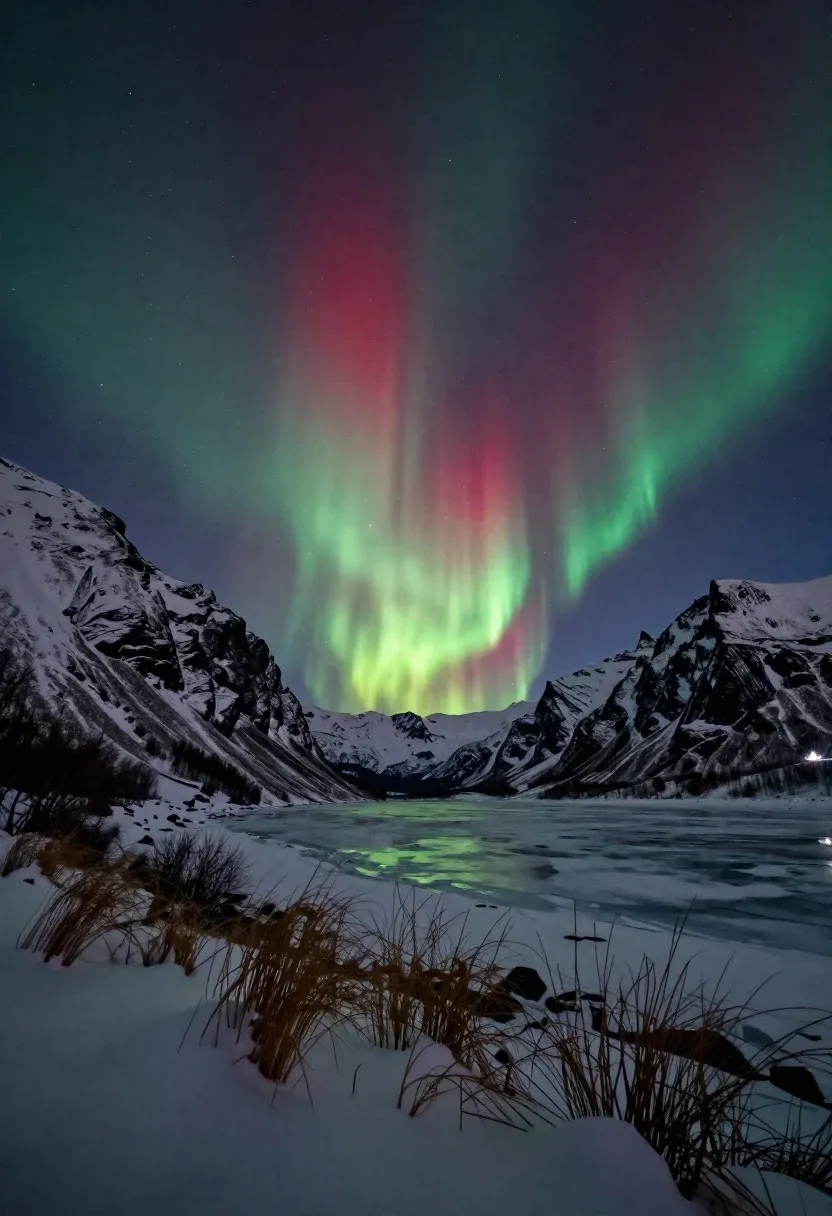Night Landscape Photography Capturing Dramatic Aurora Borealis Display Over Snow-covered