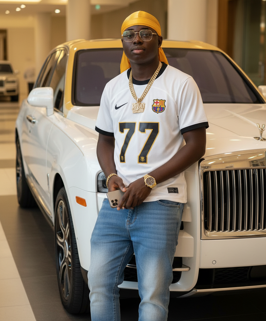 Stylish young Black man leaning on a luxurious white and gold Rolls Royce Cullinan with a confident expression, wearing a golden durag and gold chain.