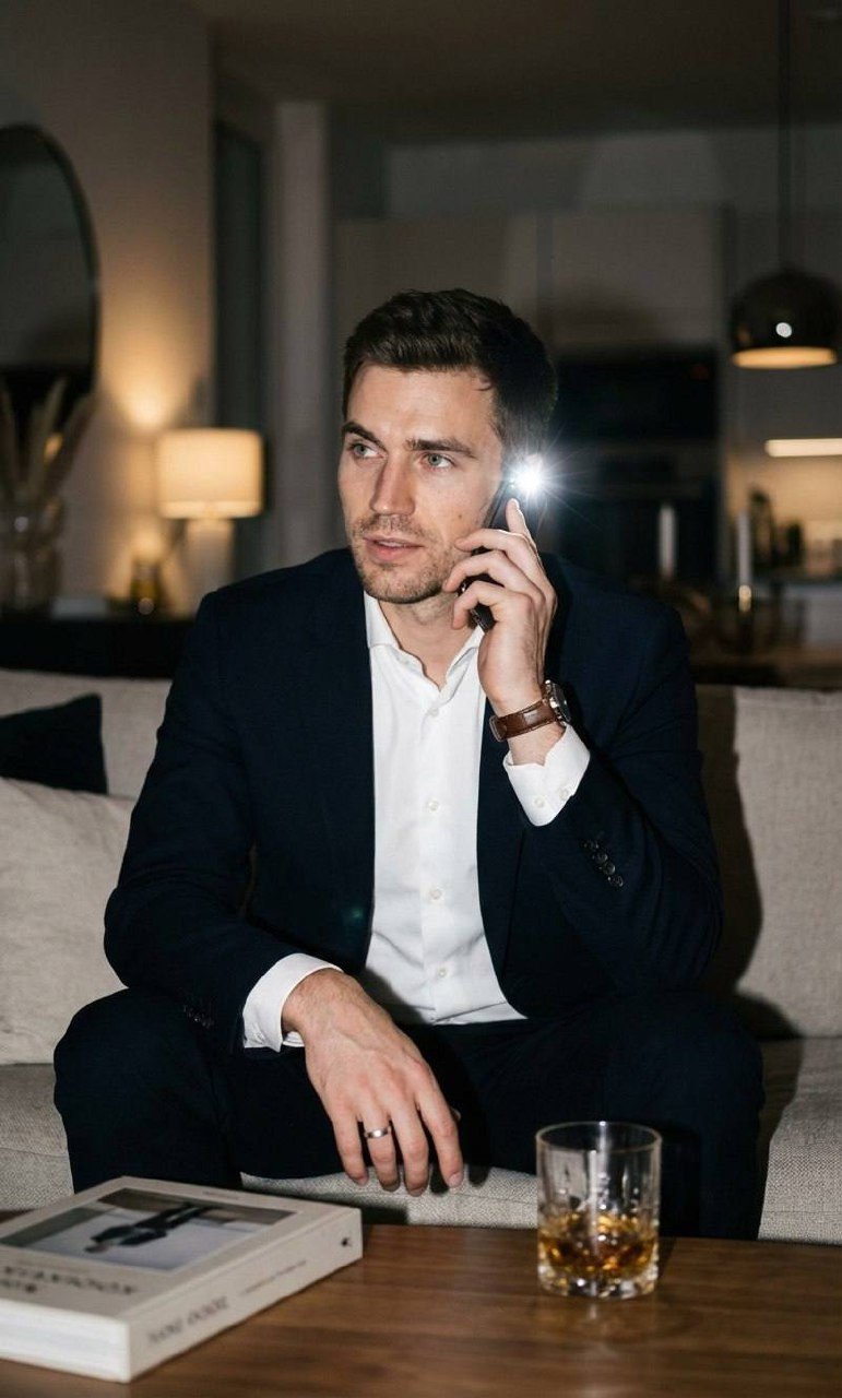 A man in a dark blazer sitting on a sofa, talking on the phone, illuminated by a flash, showcasing his facial features and skin texture.