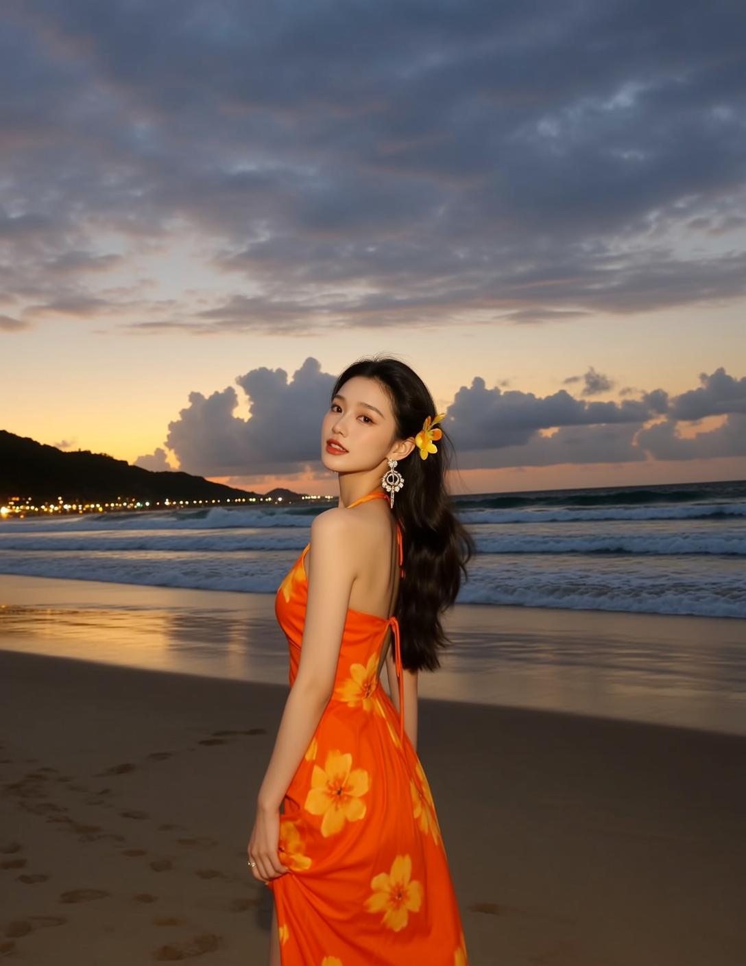 Orange Floral Dress Beach Sunset