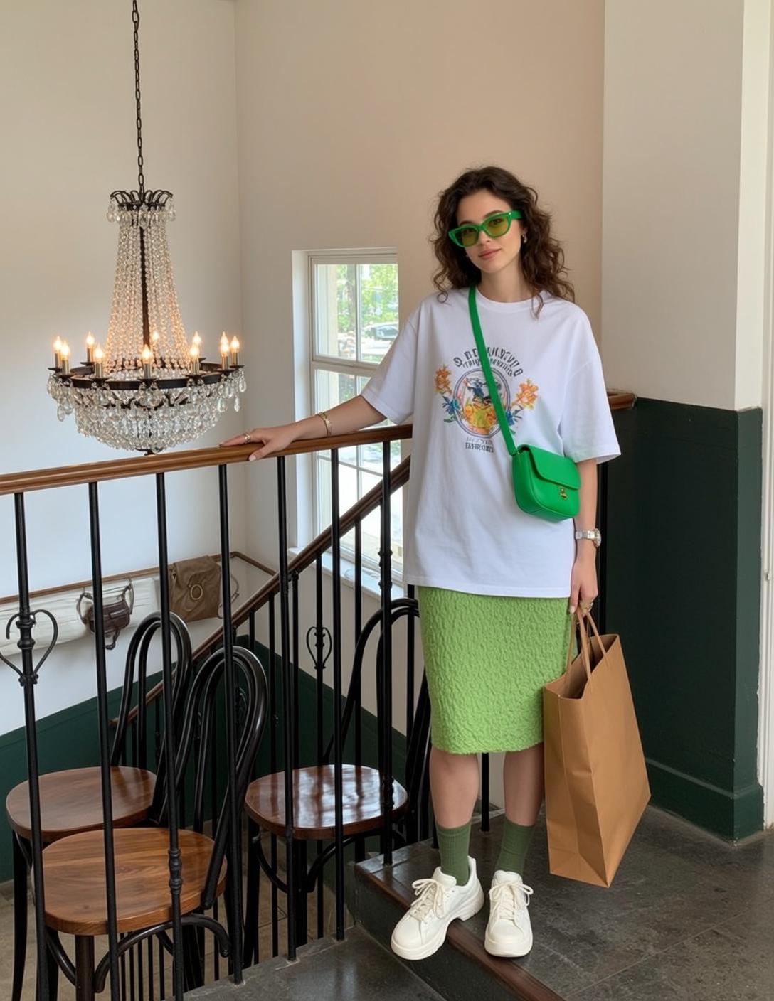 White T Shirt and Green Pencil Skirt on Indoor Staircase