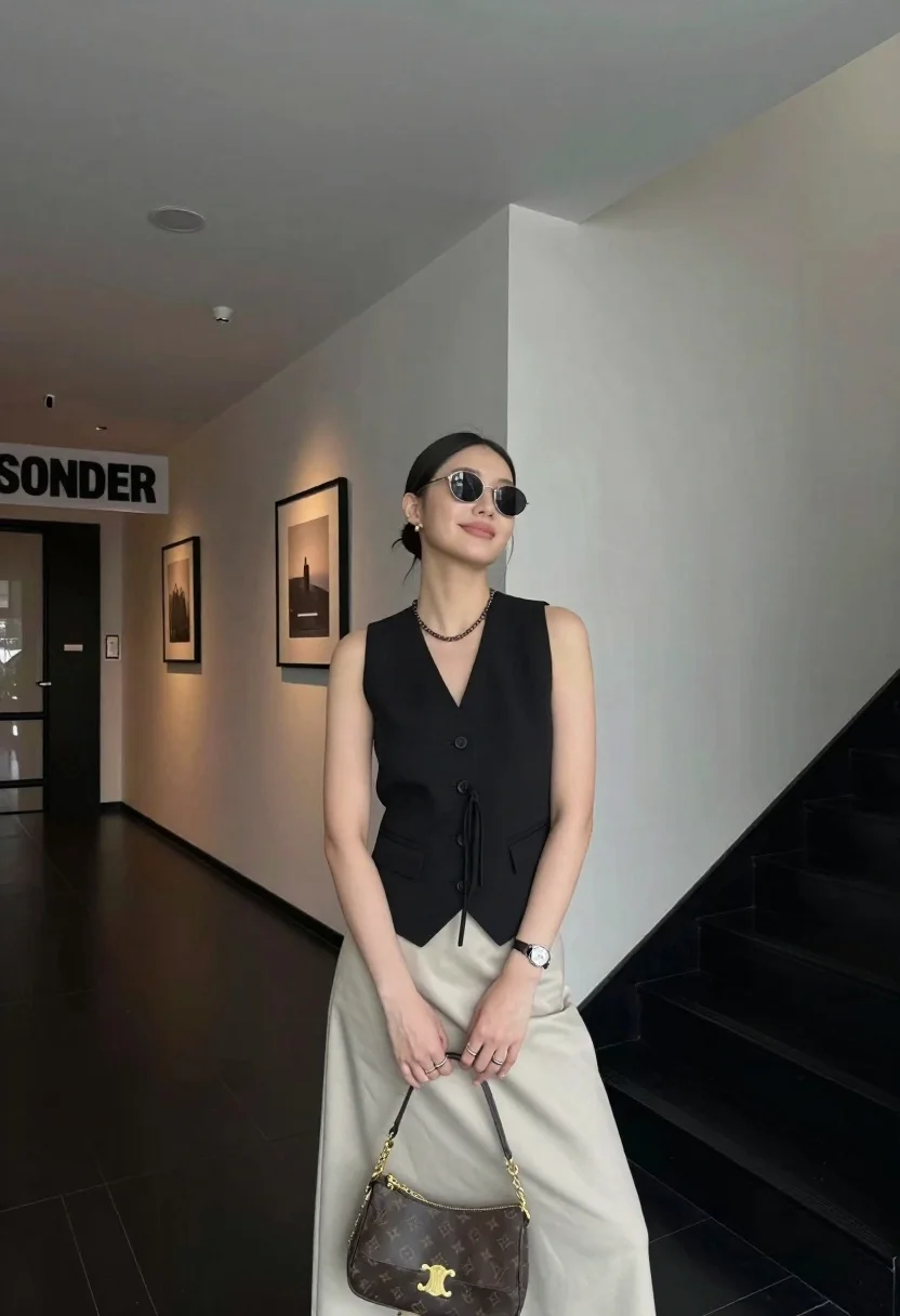 Stylish Young Woman Poses Confidently Modern Interior Hallway Subject Young reference photo