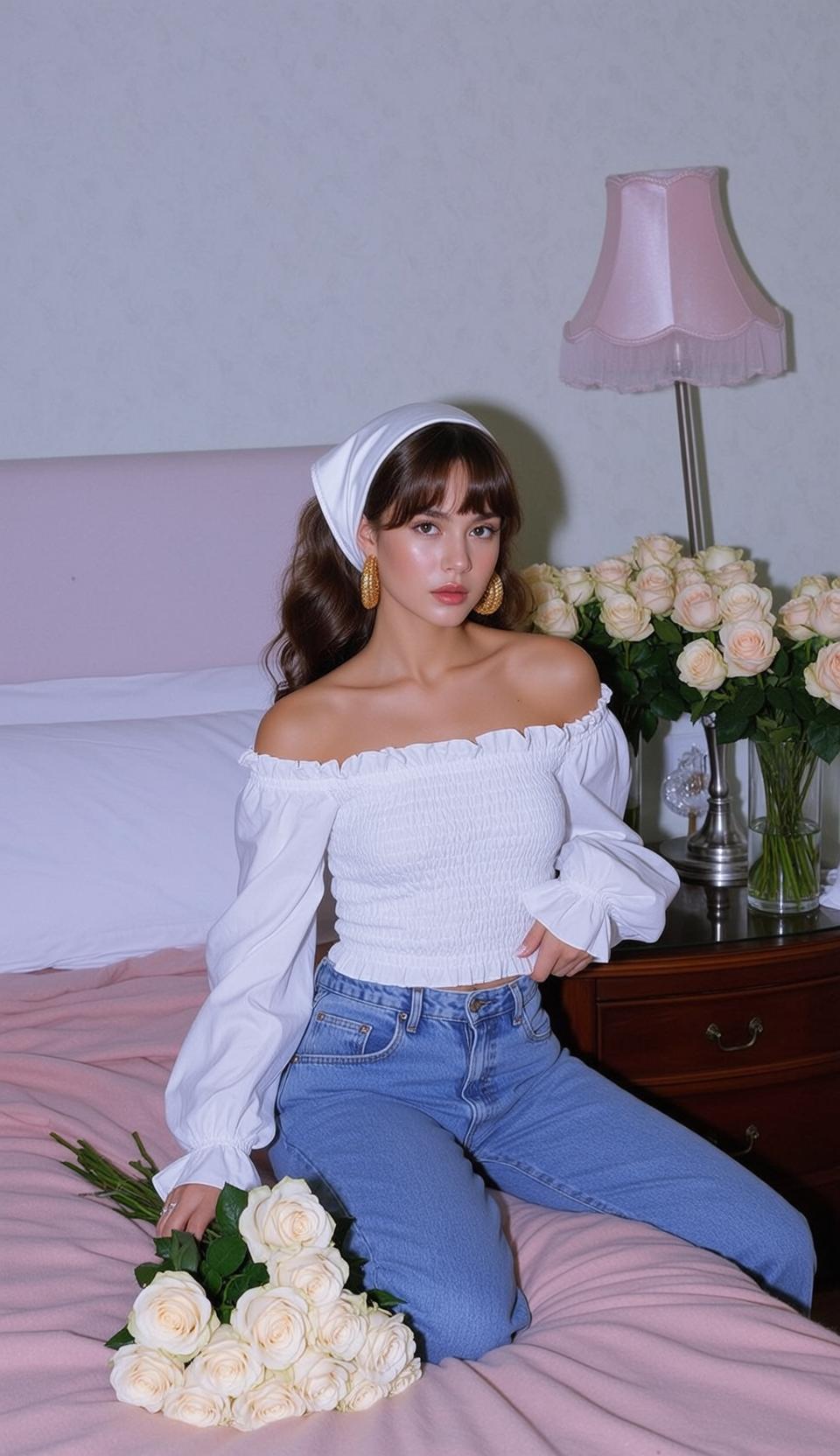 White Top Blue Jeans Sitting On Bed Holding