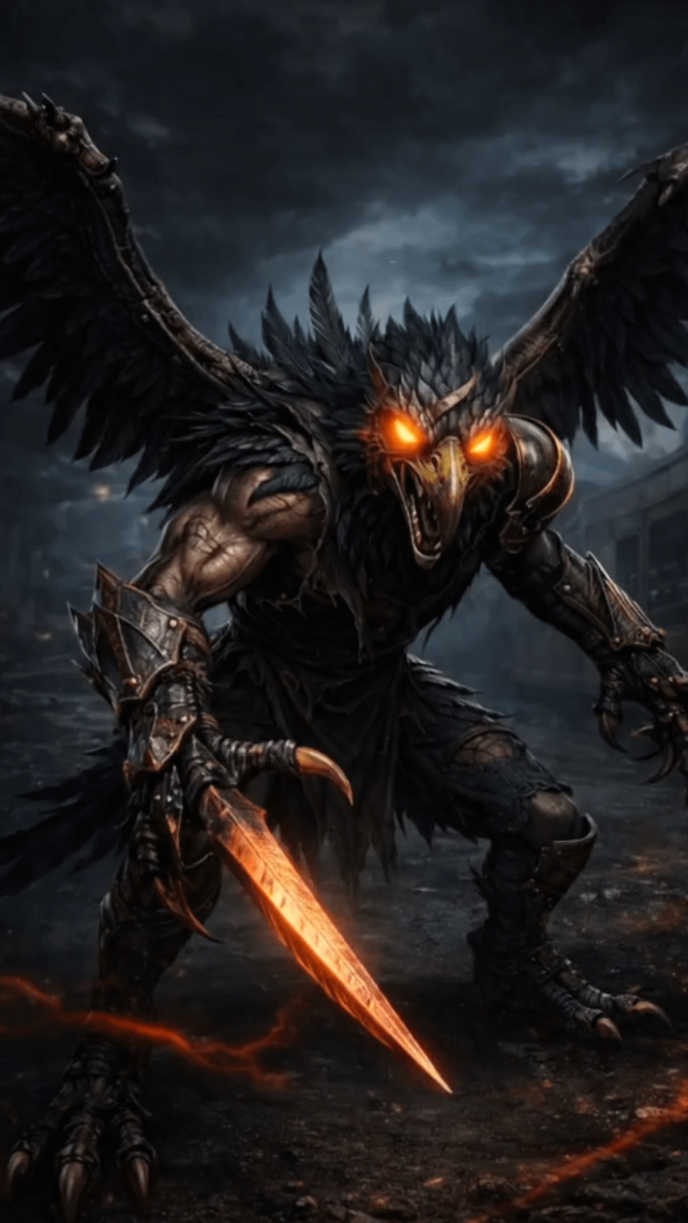 Avian Humanoid Creature Stormy Sky Glowing Blade