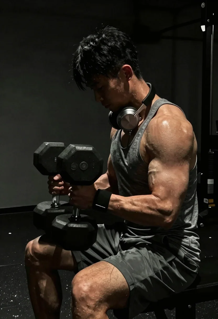Late-night Bodybuilding Session Capturing Isolation Discipline And Quiet Intensity Dim reference photo