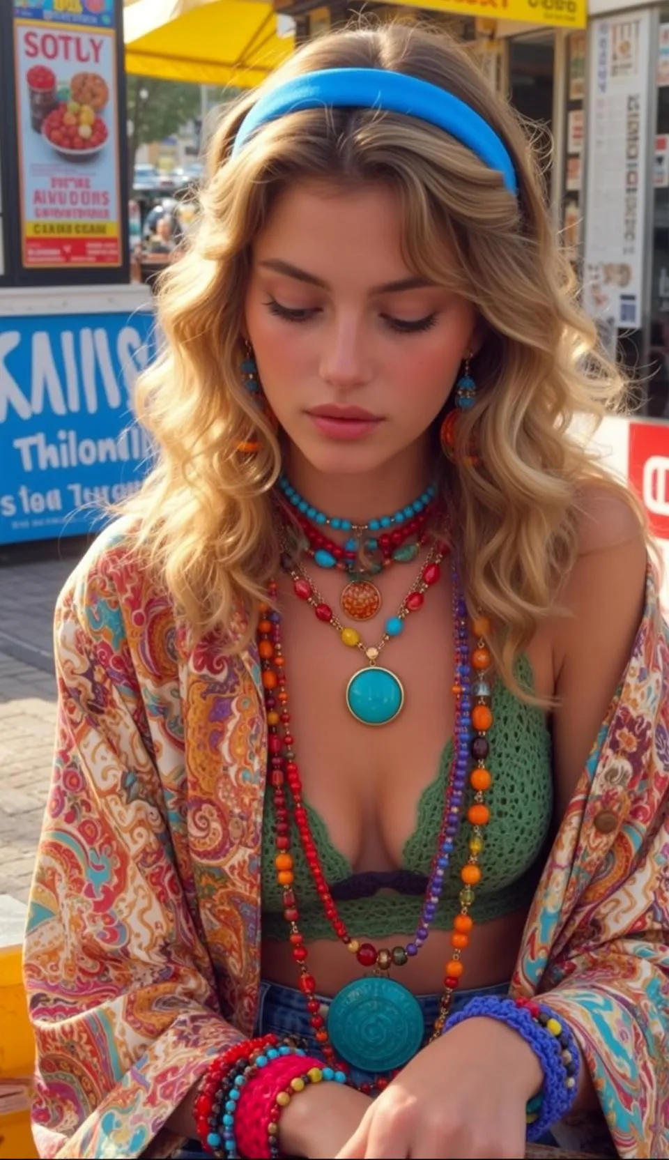 Green Crochet Bralette Blue Denim Shorts Outdoor Market