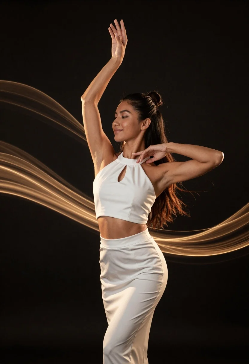 Graceful Woman With Long Dark Hair Styled Half-up Bun Stands