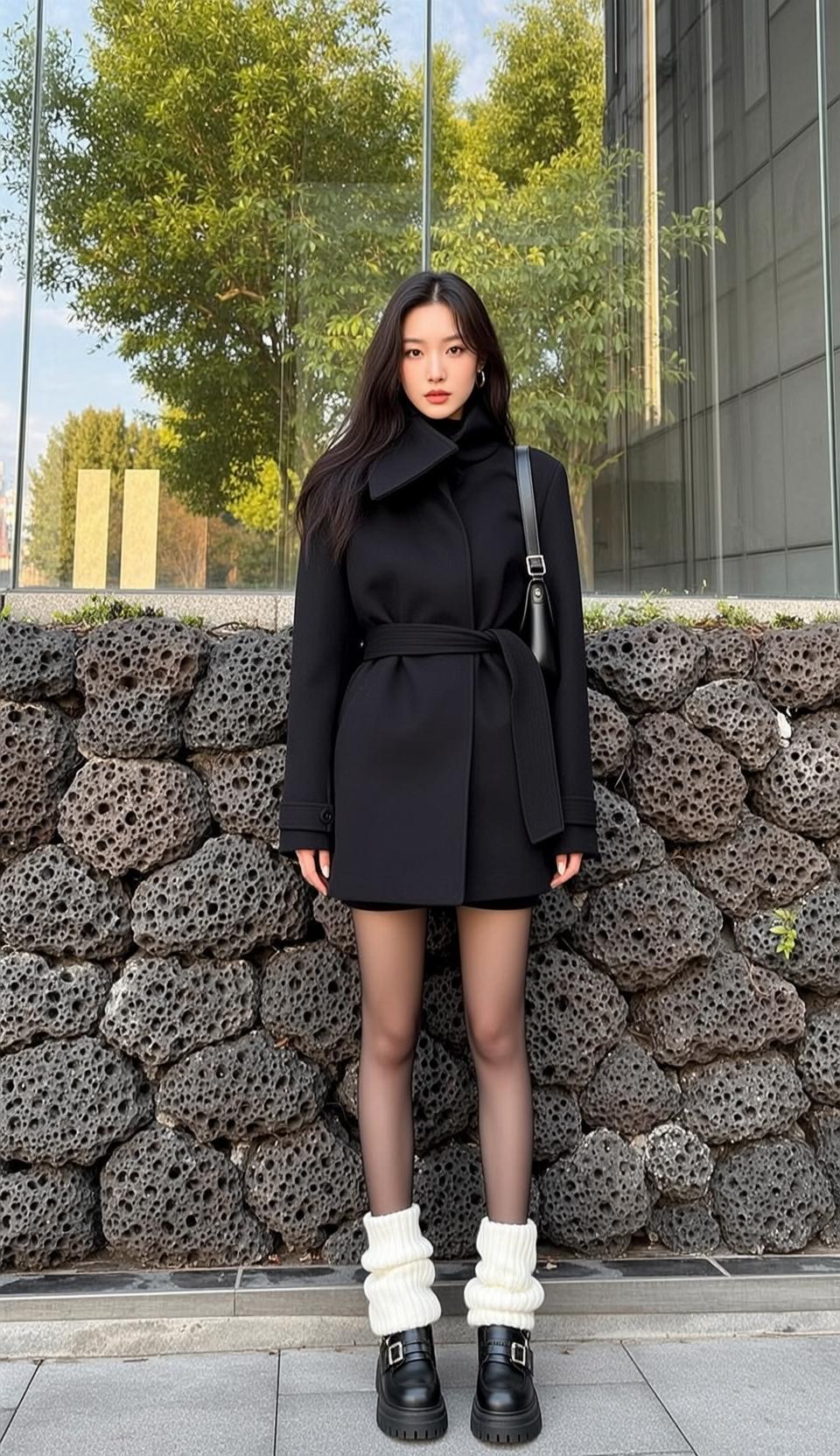 Black Coat White Leg Warmers