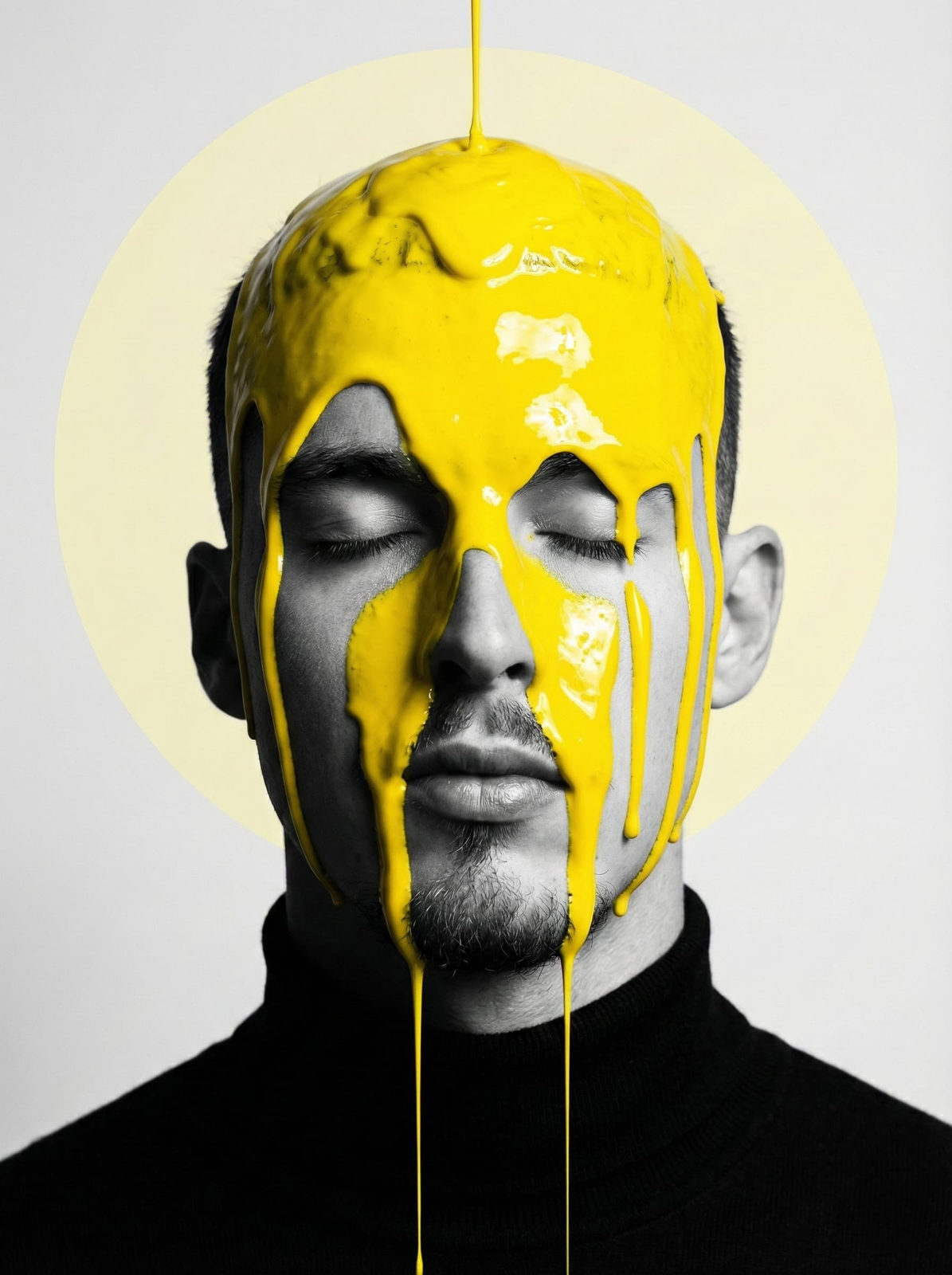 Ultra-realistic studio portrait of a person with eyes closed, draped in bright yellow paint and minimalist background.