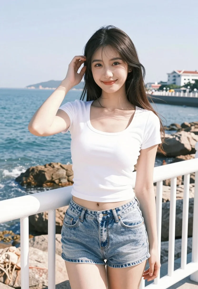 Young Woman Stands Smiling Seaside Pier With The Ocean Her