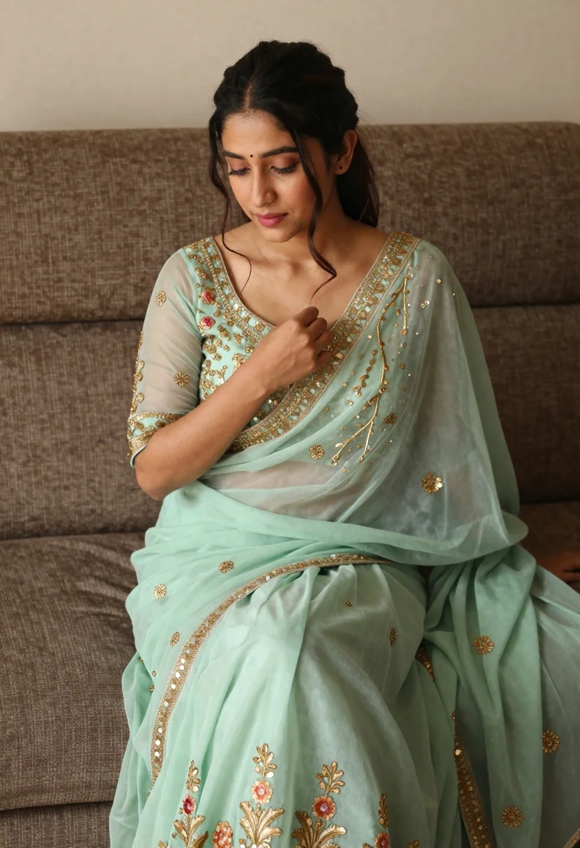 Woman Light Green Traditional Outfit Sits Gracefully Brown Sofa Subject reference photo