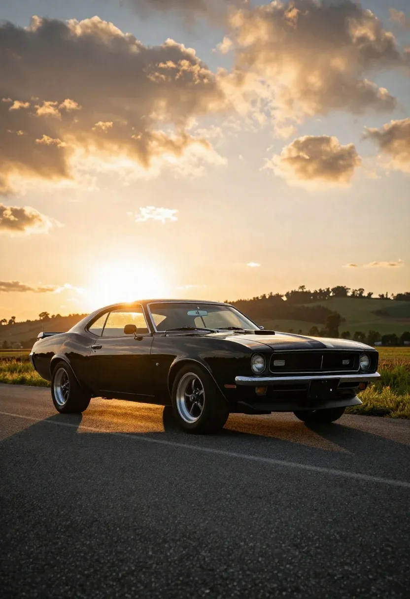 Photorealistic Low-angle Shot Glossy Black Classic Muscle Car Parked Asphalt