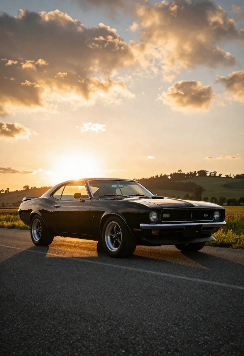Photorealistic Low-angle Shot Glossy Black Classic Muscle Car Parked Asphalt reference photo