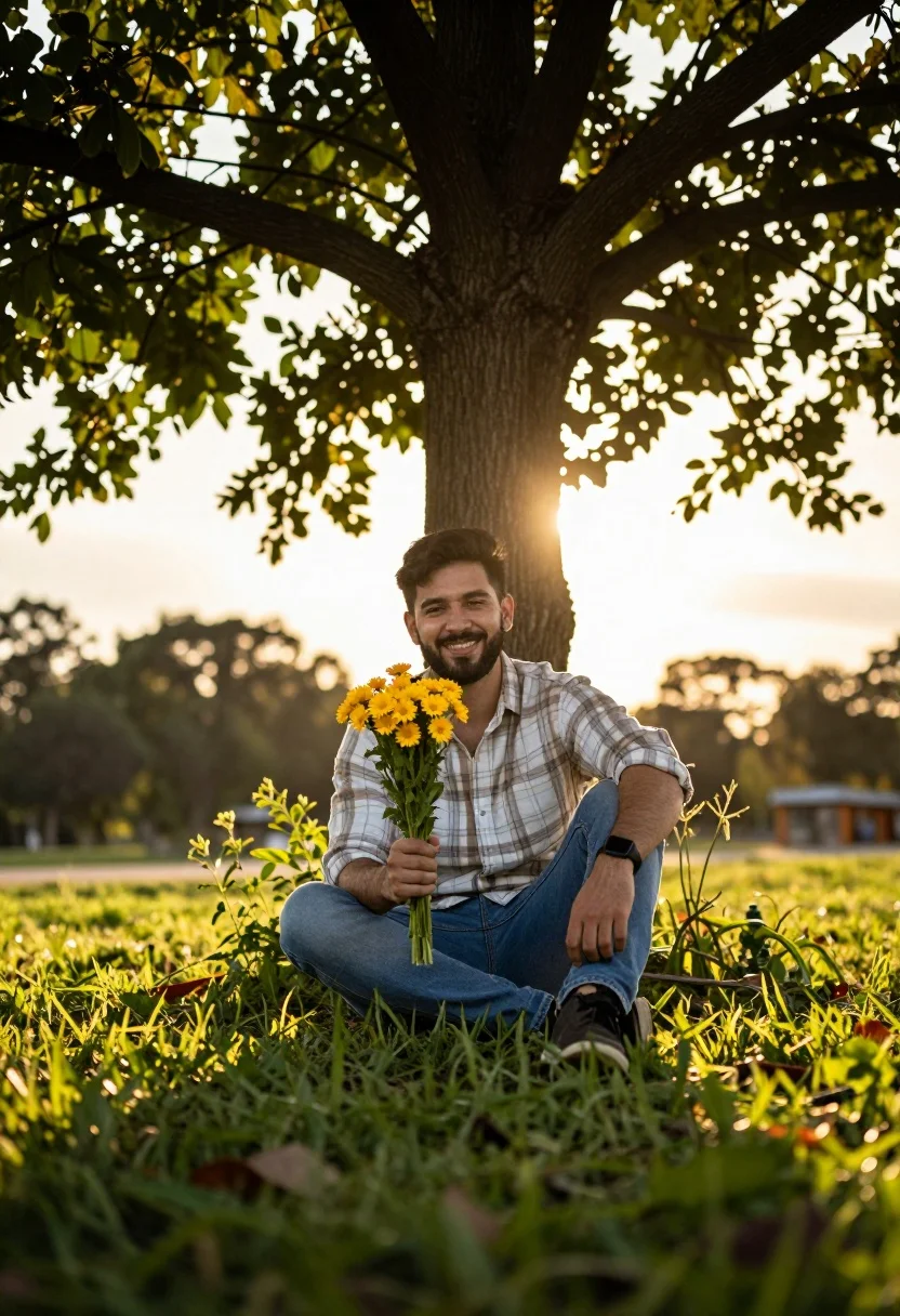 Man Sits Cross-legged Grassy Area Holding Small Bouquet Yellow Flowers