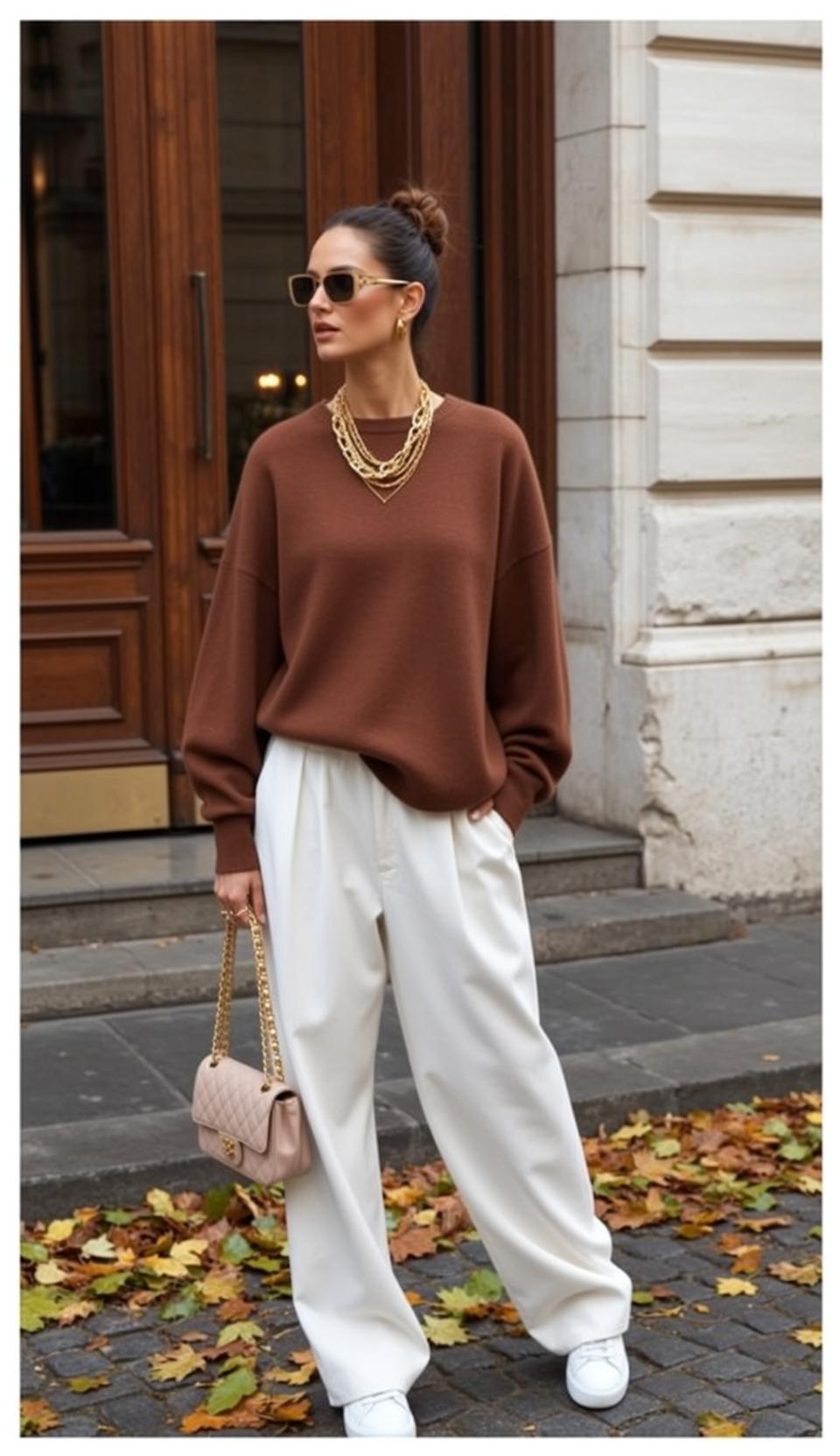 Casual Brown Hair Bun Fair Skin Crewneck