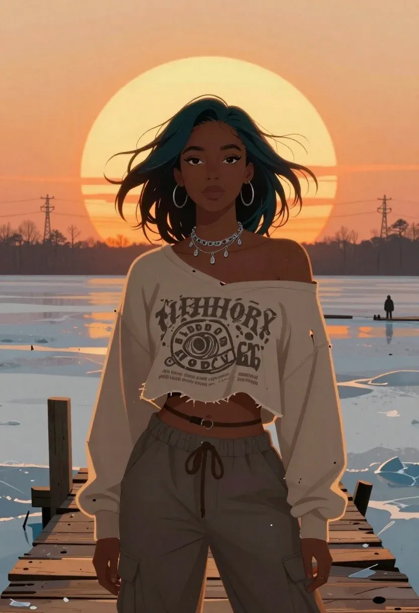 Digital Illustration Confident Young Woman Standing Broken Wooden Dock Sunset