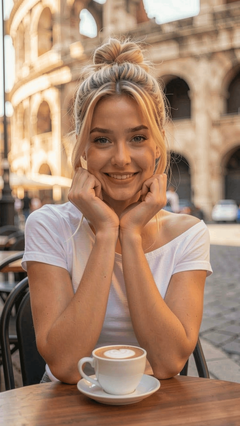 Rome Plaza Cafe Table Cappuccino Golden Hour Light