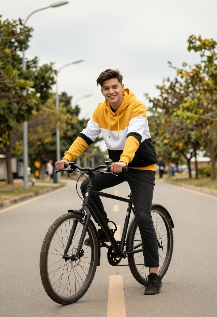 Young Man Sits Casually Bicycle The Middle Paved Road With