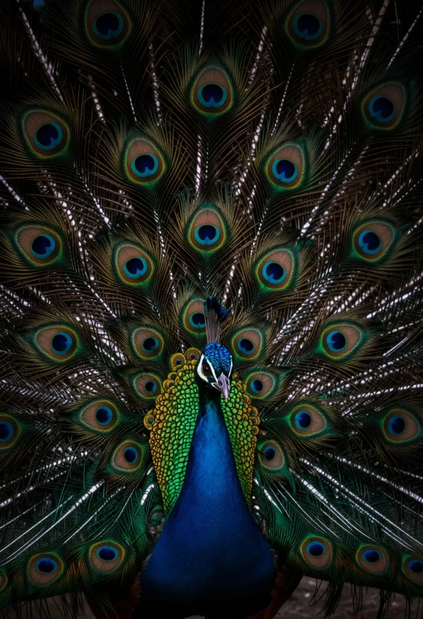 Close-up View Vibrant Peacock Feathers Displaying Iridescent Greens And Blues
