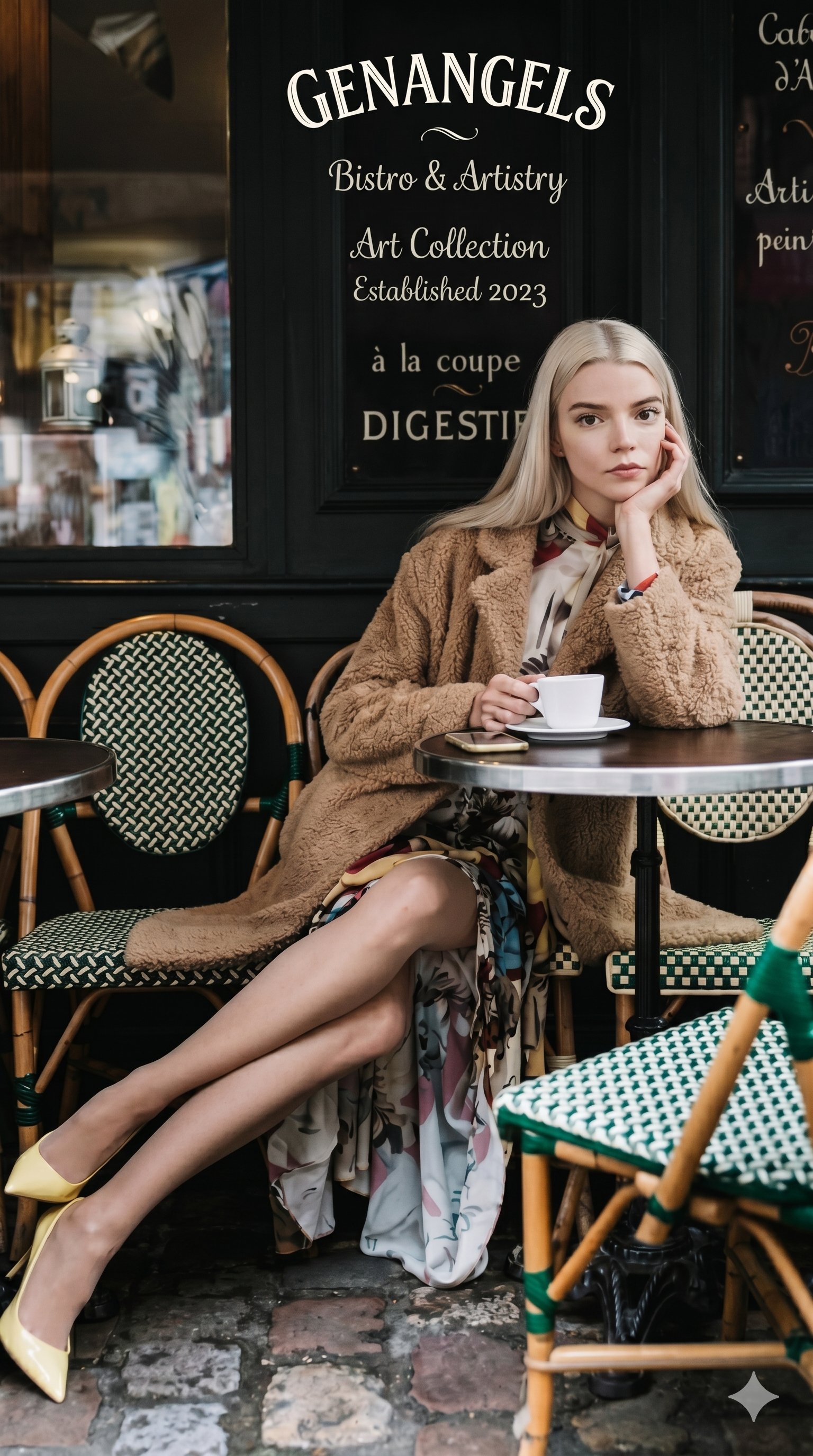 Cafe Table Fluffy Coat Yellow Heels Cobblestone