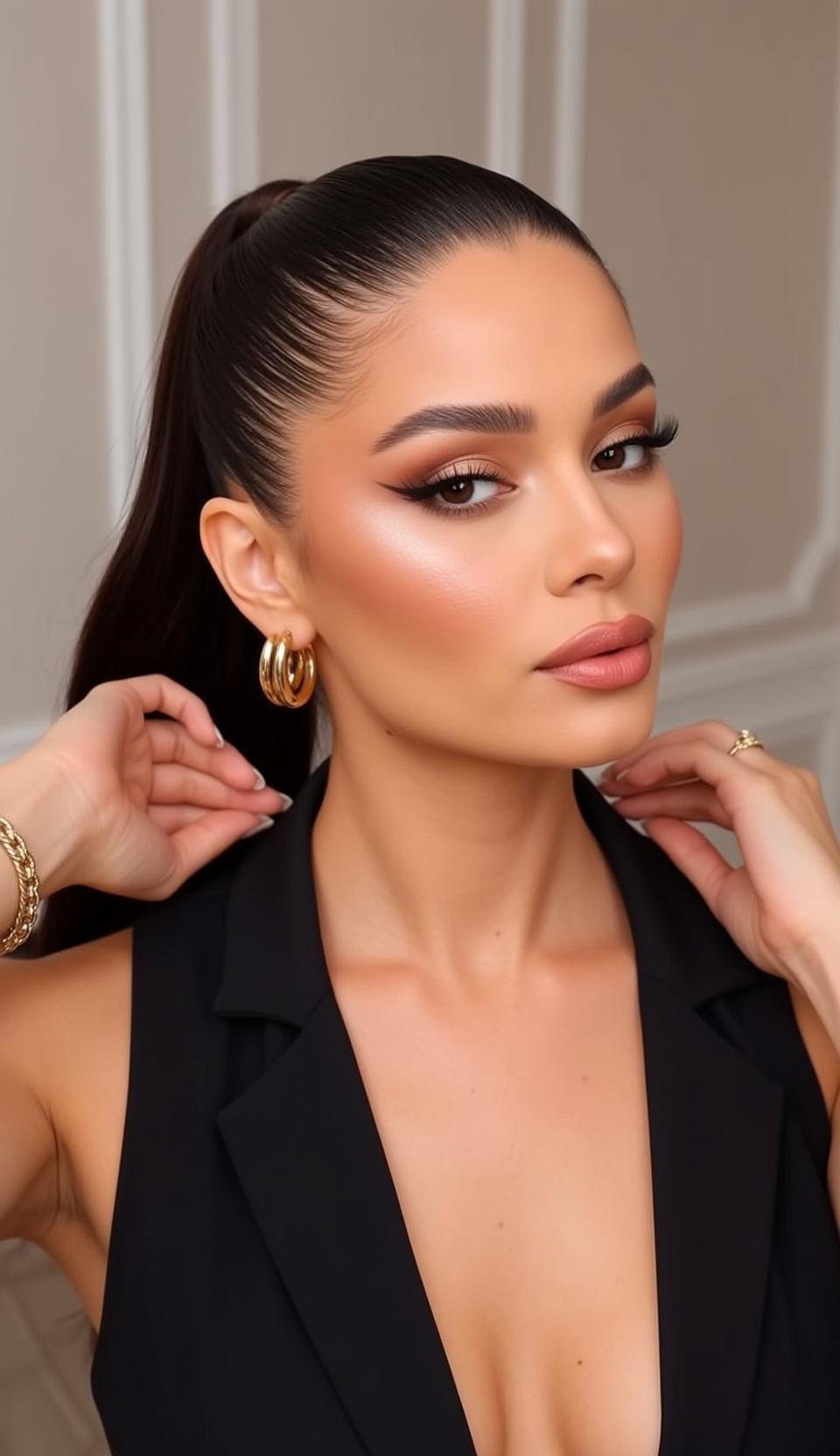 Woman Adjusting Black Blazer Gold Jewelry Studio
