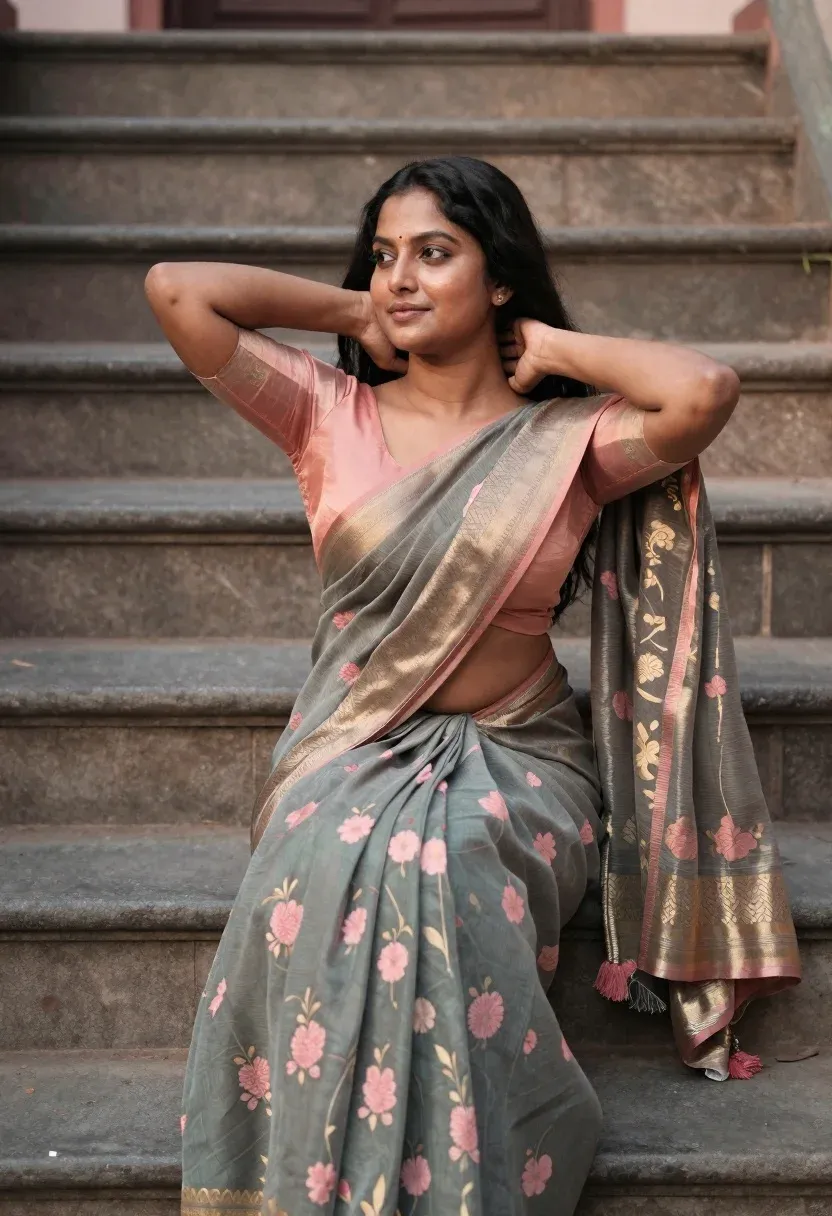 Woman With Long Dark Hair Sits Gracefully Stone Steps Her