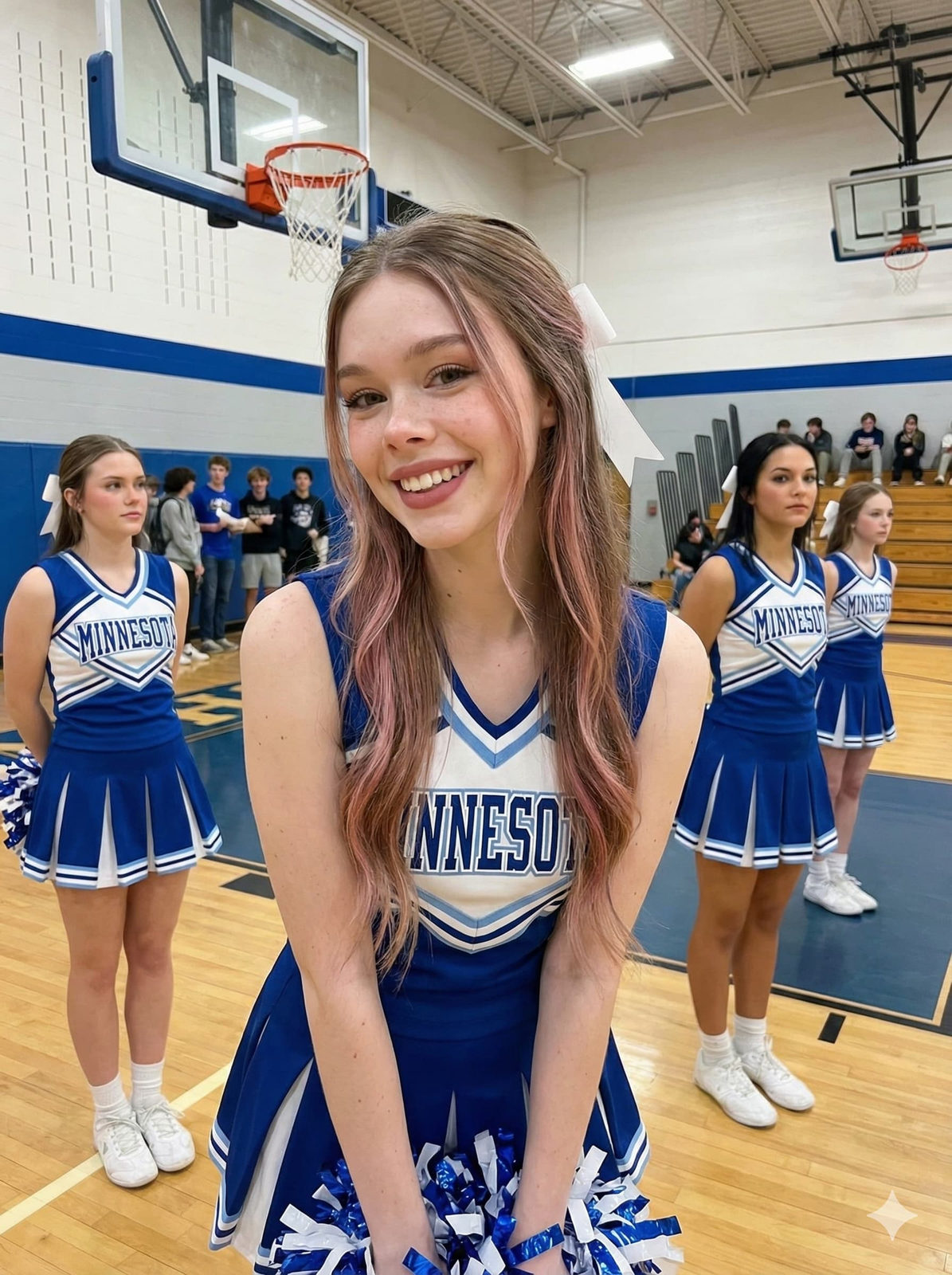 A Y2K-style cheerleader in a blue uniform, laughing joyfully, with pink highlights in her hair inside a basketball hall.