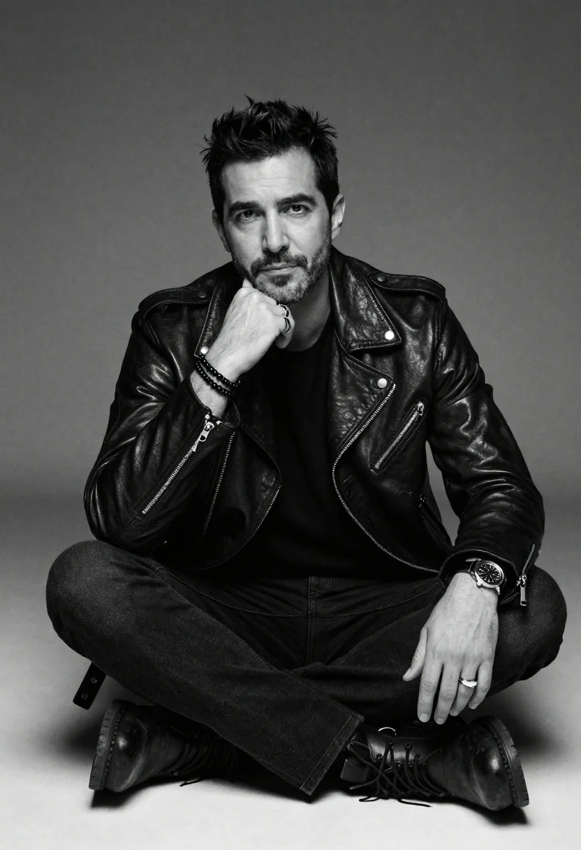Black And White Studio Portrait Man Sitting Cross-legged Against Smooth reference photo