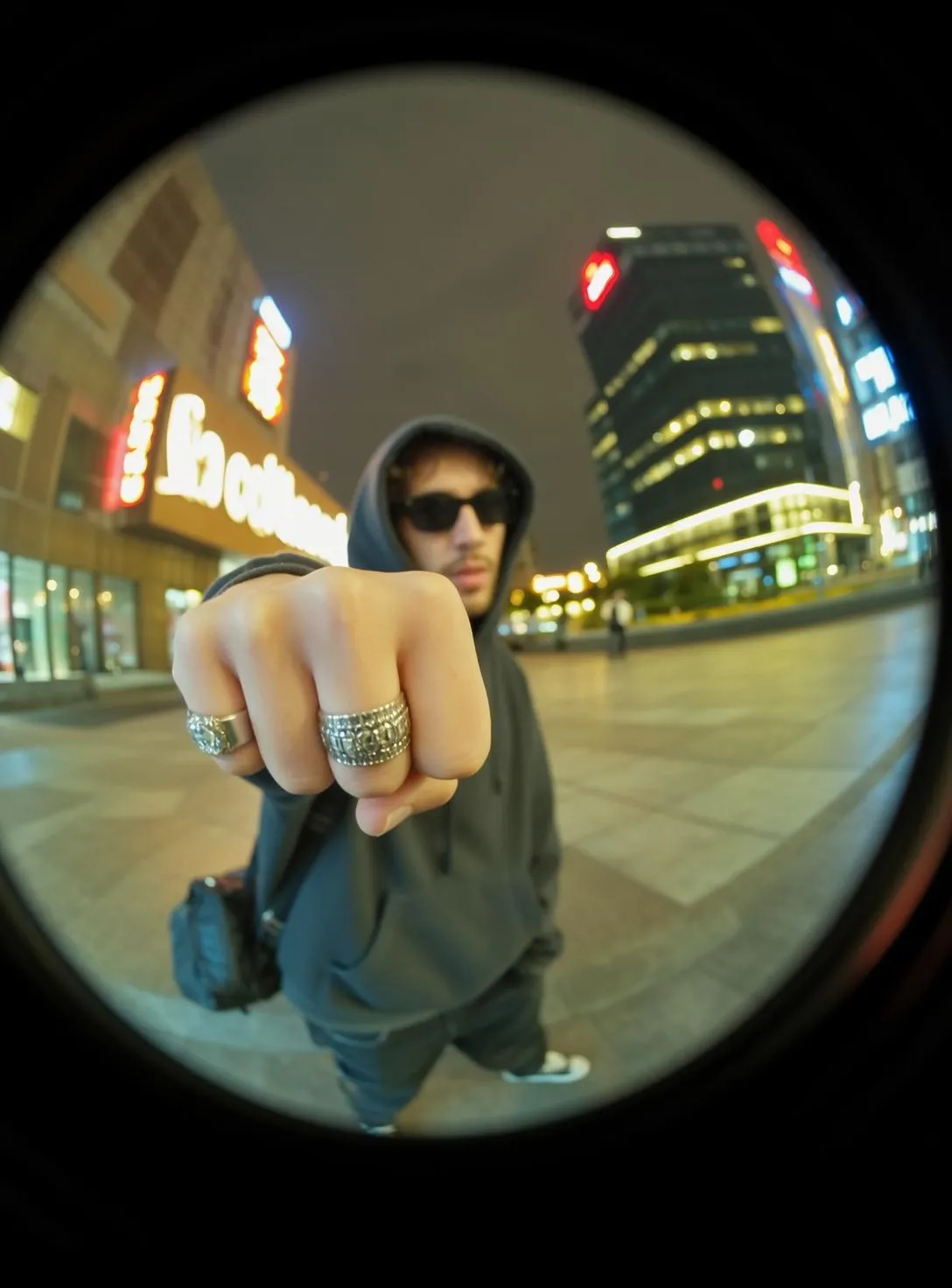 Sunglasses With Grey Tracksuit In A Fist Forward Portrait