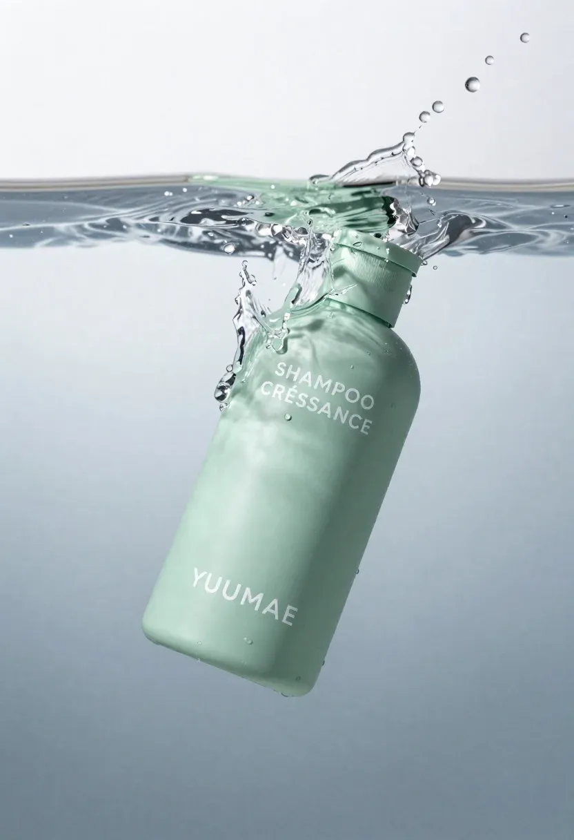 Mint Green Shampoo Bottle Partially Submerged Clear Water With Dynamic