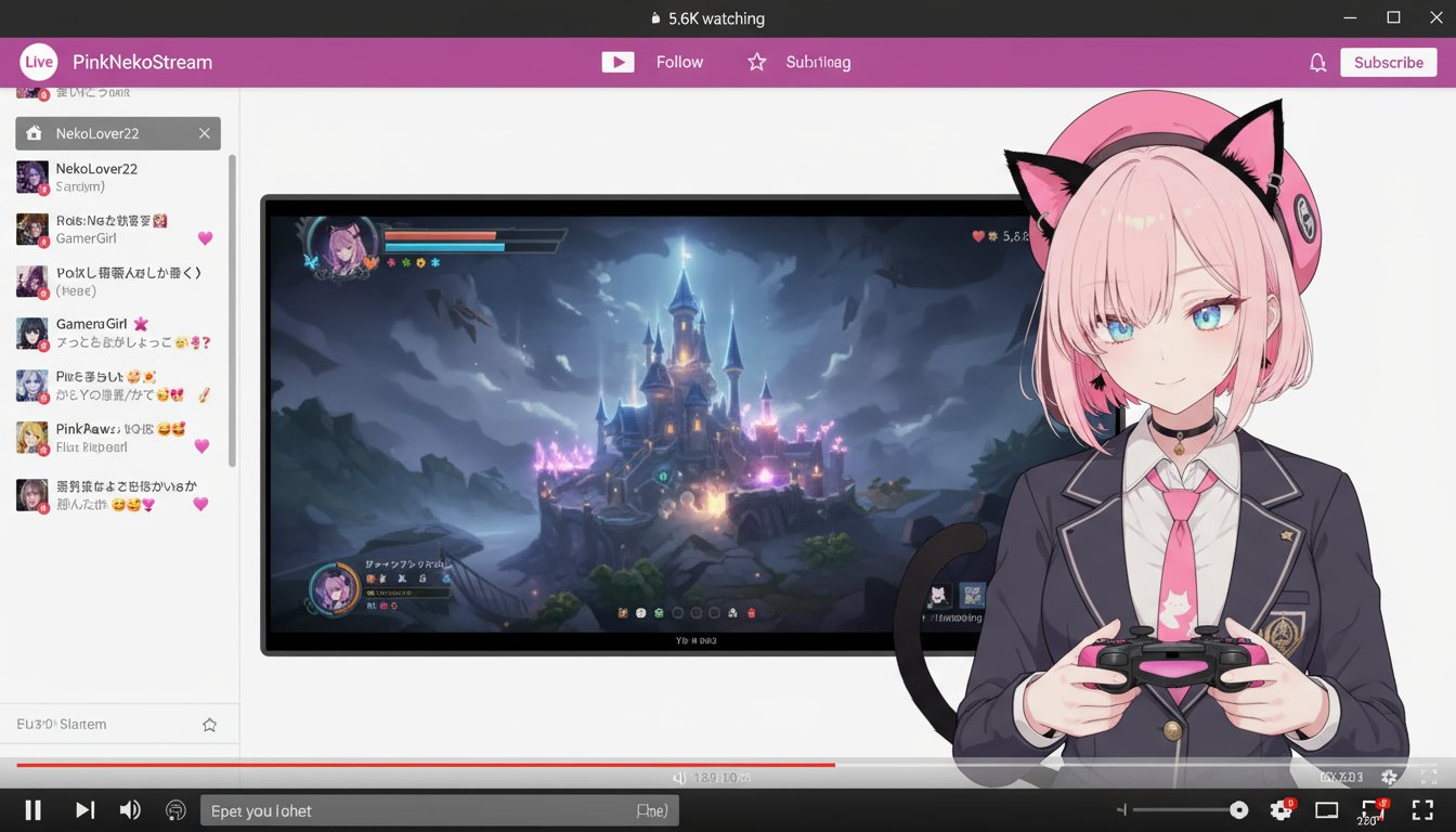 A vibrant Vtuber character with a game controller in hand, positioned in front of a large streaming screen.
