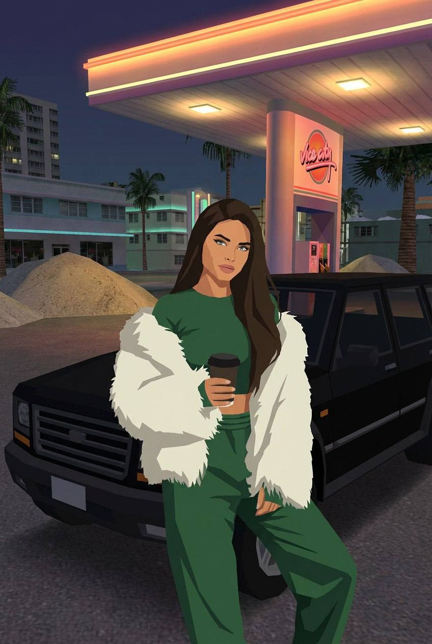 A vibrant retro scene showcasing a Vice City-inspired landscape with iconic palm trees and buildings.