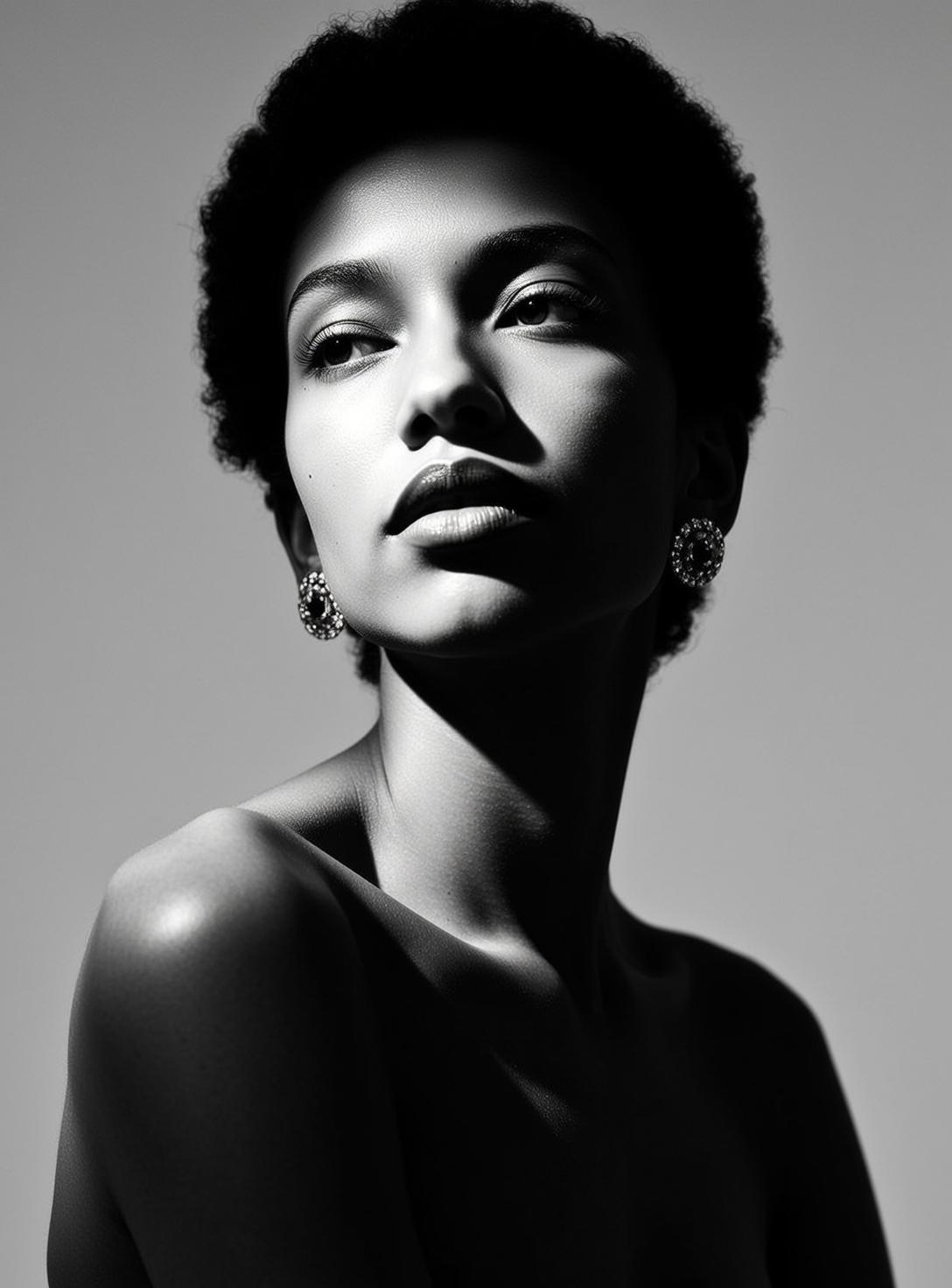 Medium Shot Black And White Photorealistic Portrait Young Black Woman