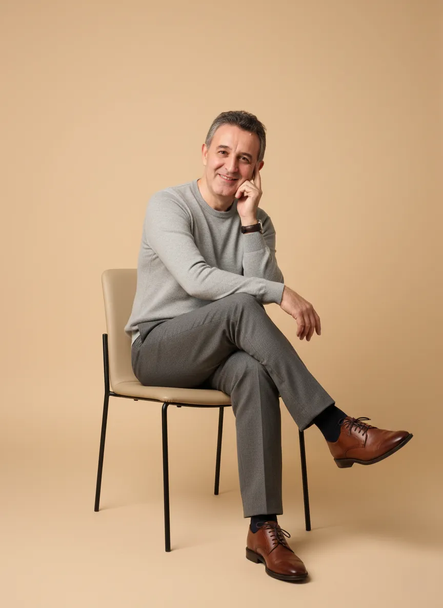 Man In Gray Sweater On Chair