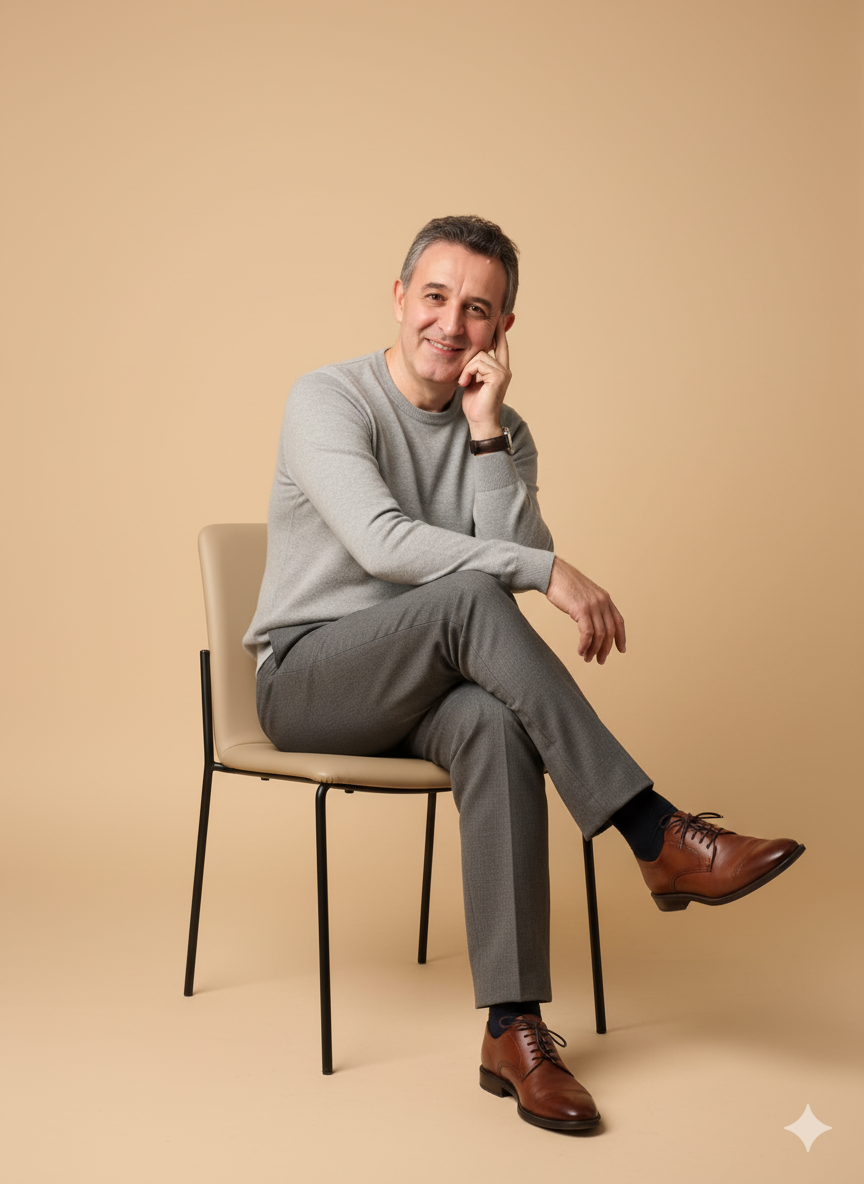 Man In Gray Sweater On Chair