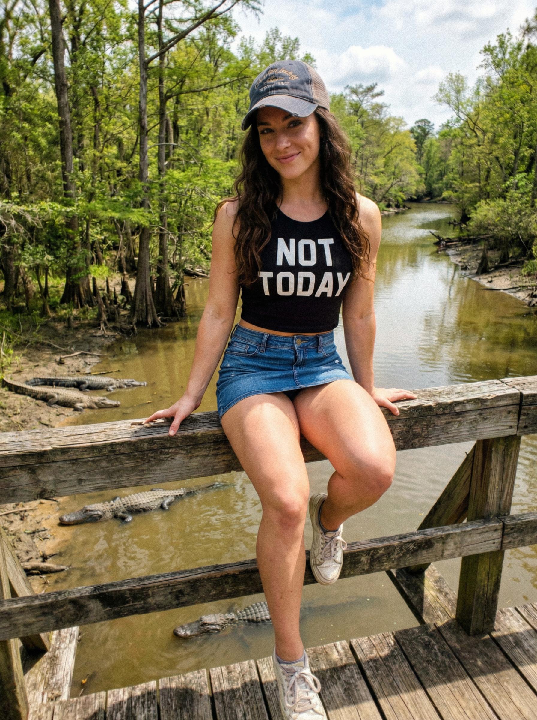 Woman in denim skirt and trucker hat sits on wooden railing by swamp with alligators in view.