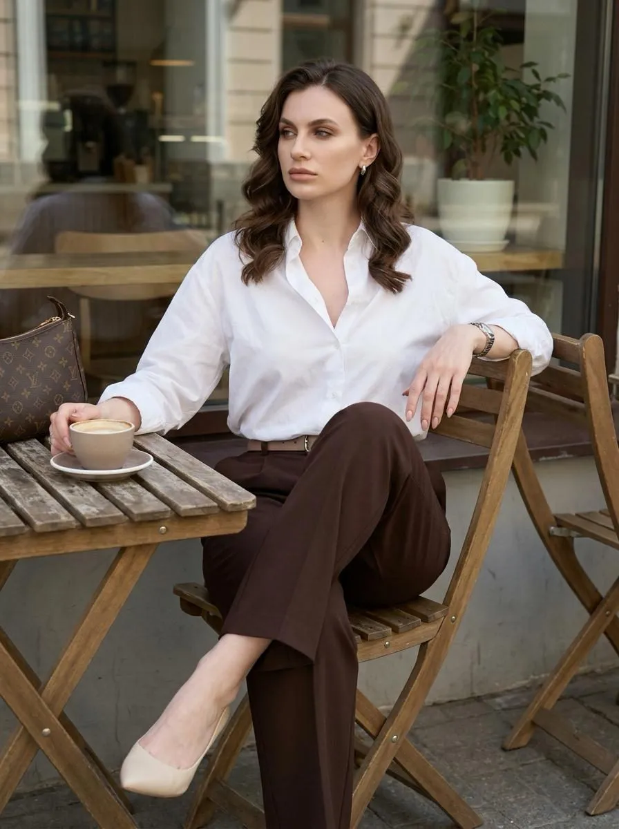 Outdoor Cafe Woman Relaxed Pose Full Body
