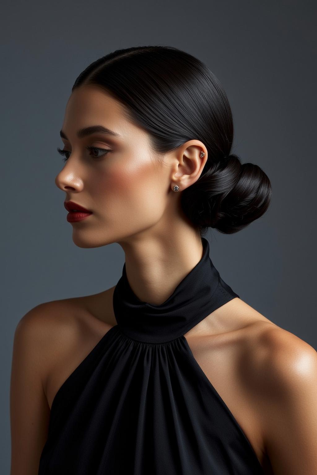 Woman Profile Studio Grey Backdrop Cowl Neck