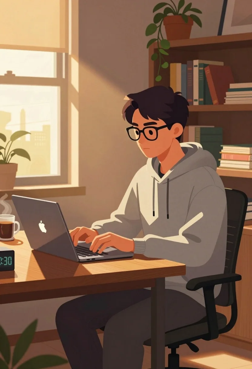 Young Man Sits Wooden Desk Cozy Room Typing Laptop With